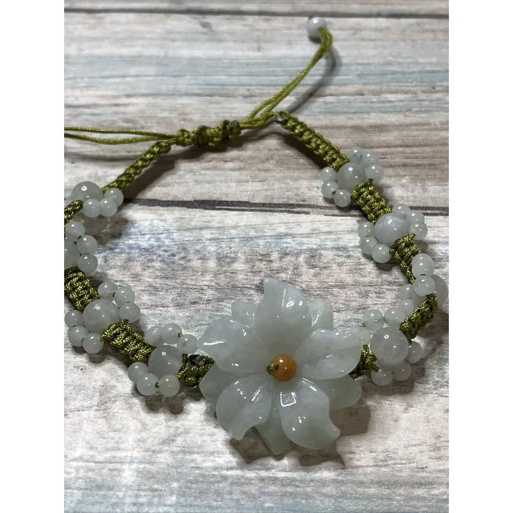 Jade Jadeite Flower Slide Bracelet Beads Cord Adjustable white yellow Green NWOT